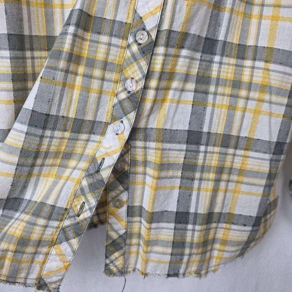 Maurices XL Yellow Gray Plaid Button Front Frayed Hem Shirt - Picture 7 of 11